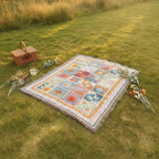 Dear Hazel large microfiber picnic blanket with colorful sun and wave patterns and fringe trim.