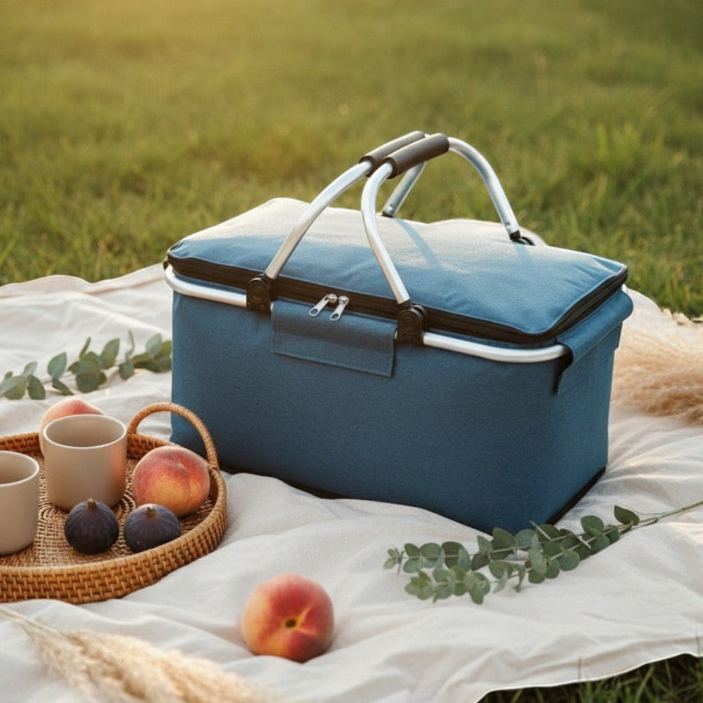 Dear Hazel blue collapsible picnic basket with ergonomic handles, 18L waterproof tote for outdoor adventures.