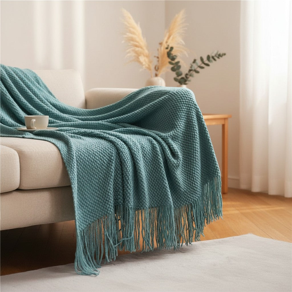 Dear Hazel teal knit blanket with fringe, Scandinavian design, soft yarn, perfect for indoor/outdoor comfort.