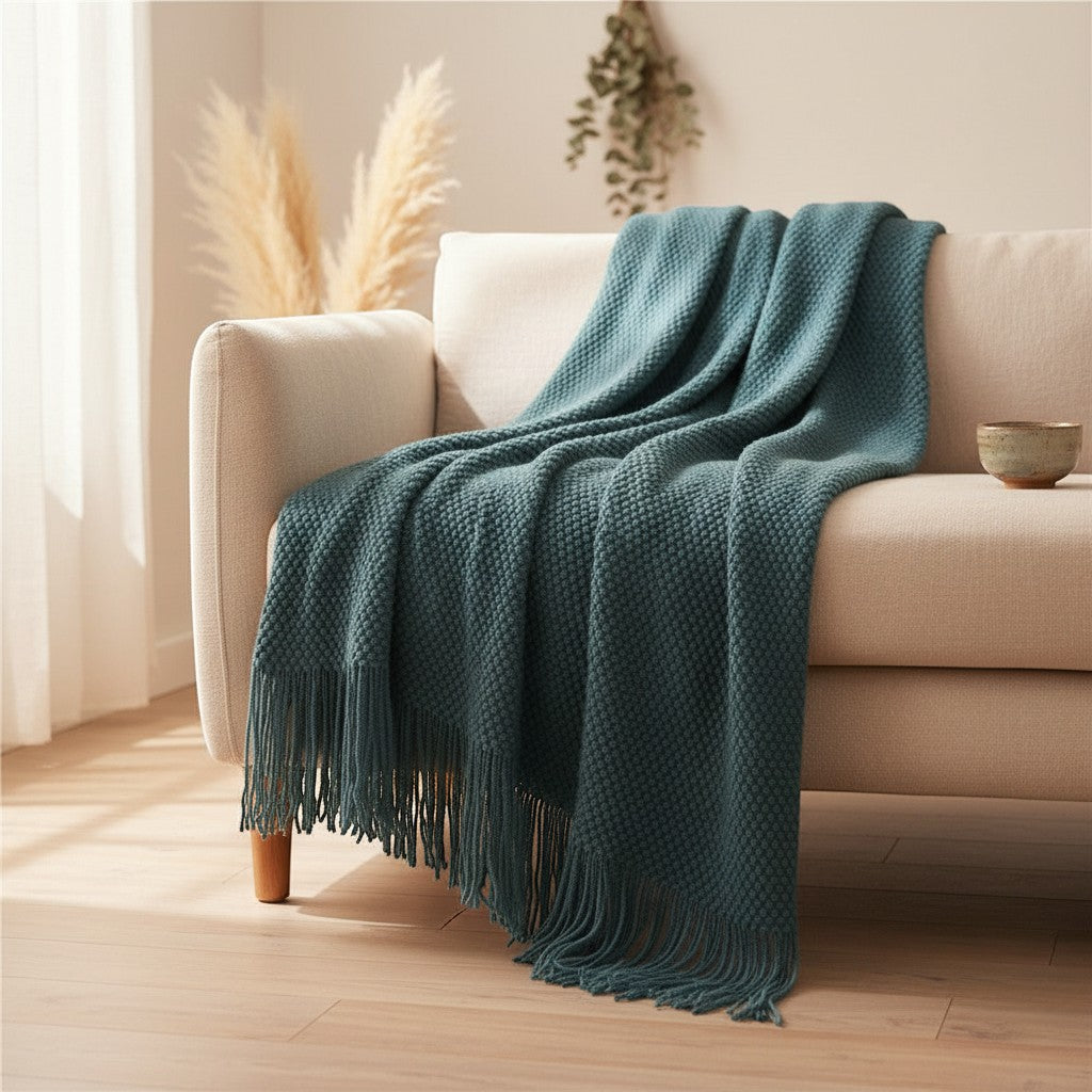 Dear Hazel teal blue knit throw blanket with fringe, Scandinavian design, soft yarn, perfect for indoor/outdoor comfort.