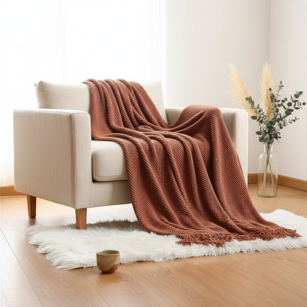 Dear Hazel terracotta knit blanket with fringe, Scandinavian design, soft yarn, perfect for indoor/outdoor comfort.