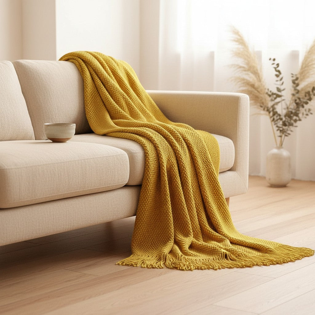 Dear Hazel mustard yellow knit throw blanket with fringe detail draped over a cream sofa.