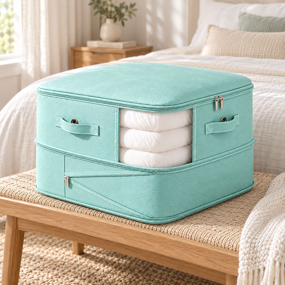A mint green fabric storage box with a clear window showing folded white bedding, placed on a wooden bench in a bright, sunlit bedroom.