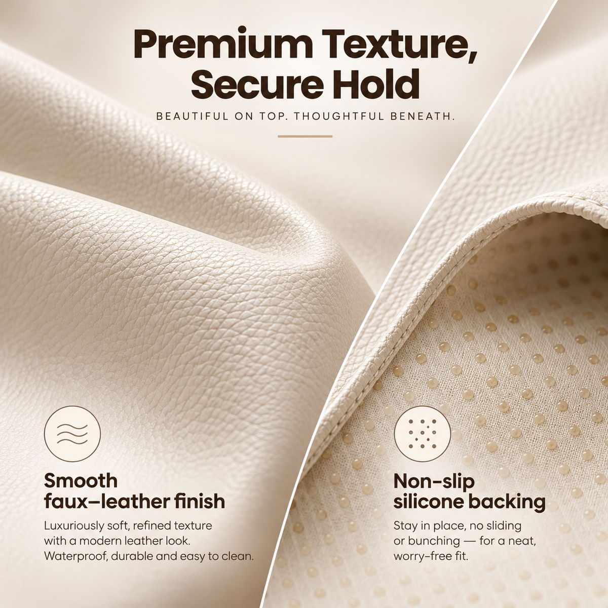 A close-up promotional graphic showing a cream faux leather material with text callouts: 'Premium Texture, Secure Hold' at the top, 'Smooth faux-leather finish' on the lower left, and 'Non-slip silicone backing' on the lower right. The image is a styled material explainer rather than a straightforward product photo, so the best fit is Color Swatch rather than Product/Packaging because the image primarily communicates material/color/texture characteristics.