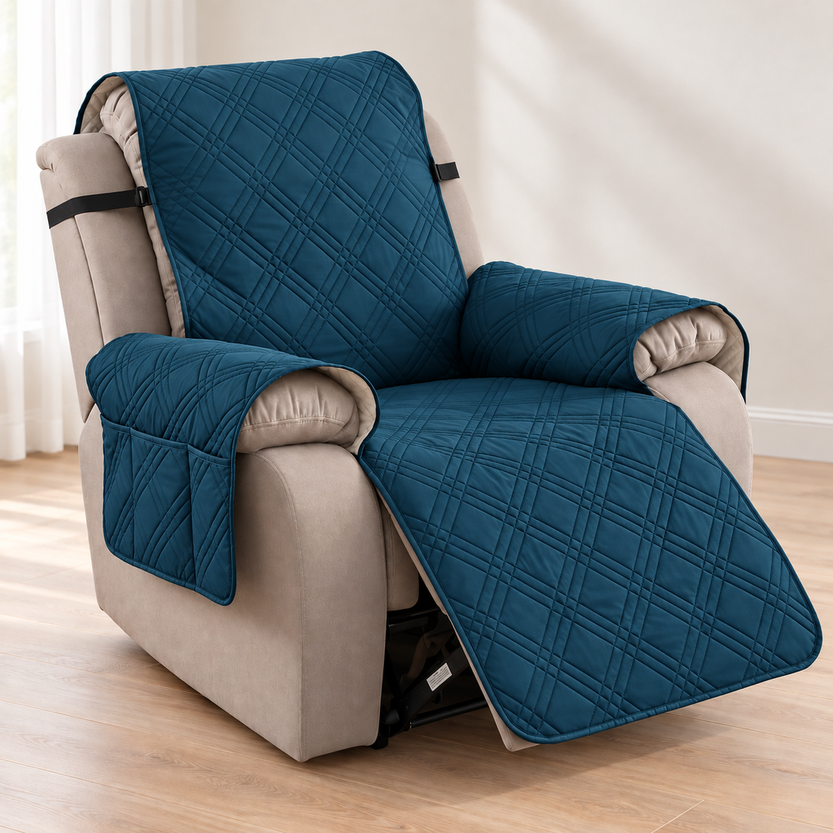 A quilted teal blue recliner cover with matching arm and back pads draped over a beige recliner chair in a bright room with light wood floors.