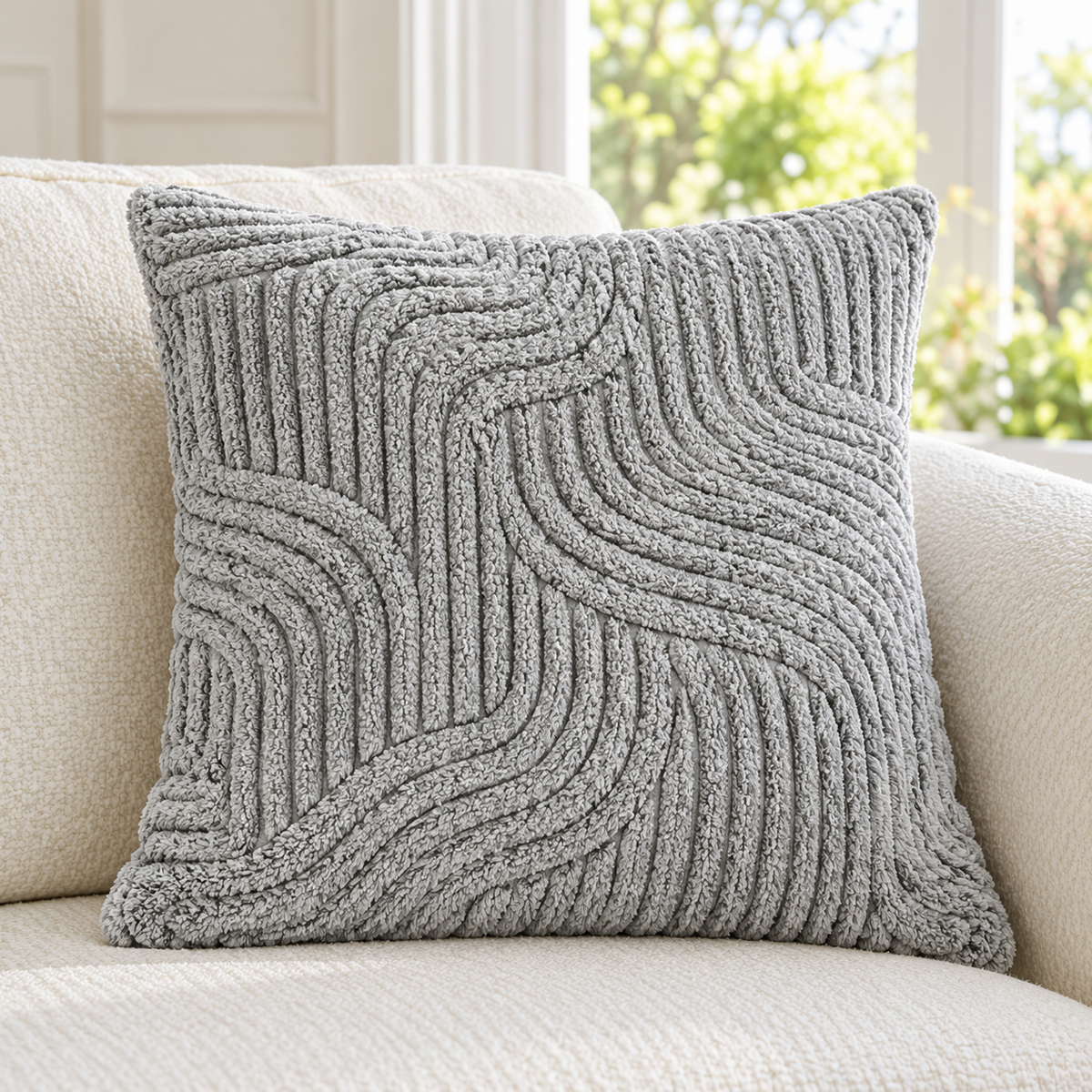A square gray textured throw pillow with a raised wavy cable knit pattern, resting on a light beige upholstered armchair in a bright living room setting.