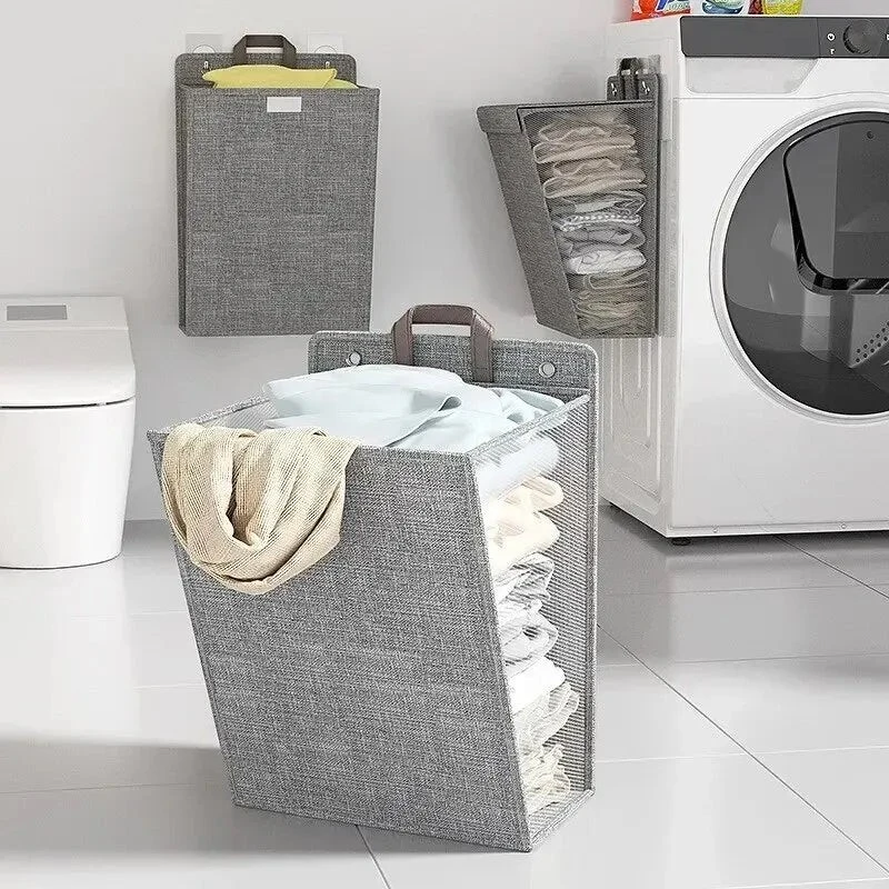 Foldable Wall-Mounted Laundry Basket – Space-Saving Polyester Hamper for Home Organization, Easy Storage, Grey