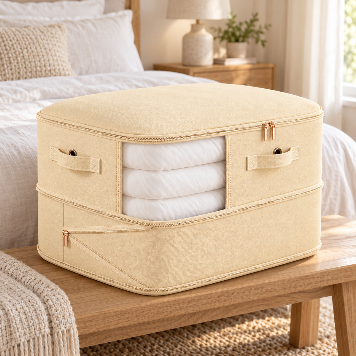 A beige fabric storage bin with a zippered lid and side handles, shown filled with folded white bedding on a wooden table in a bedroom setting.