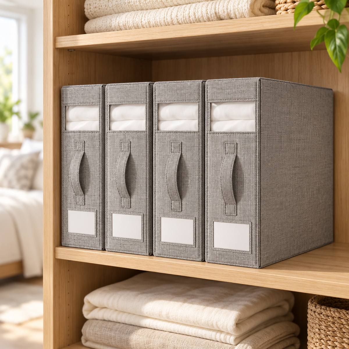 Four gray fabric storage boxes with clear label windows and fabric handles, neatly arranged on a light wood shelf in a bright, modern room.