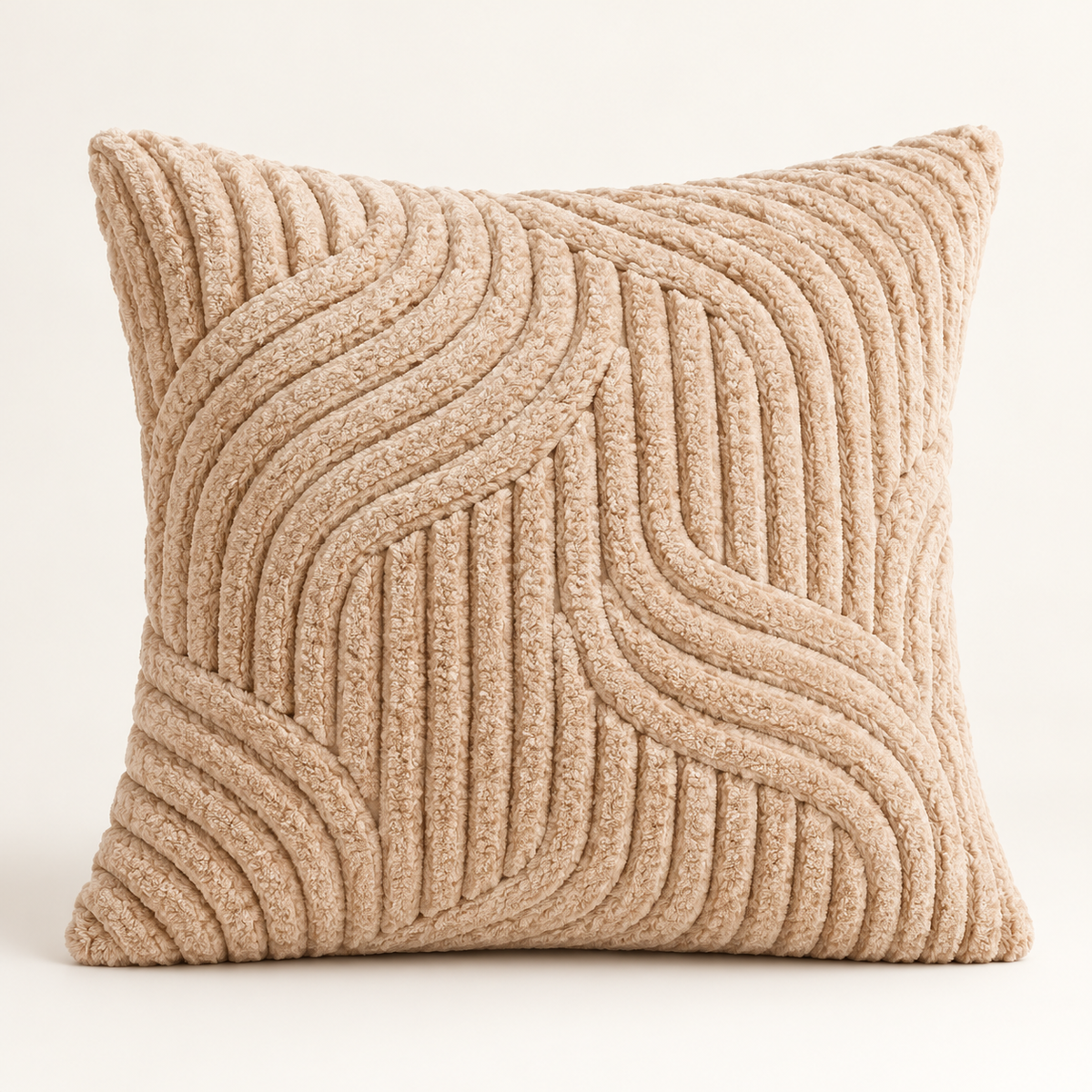 A square throw pillow in a textured beige bouclé fabric with a raised wavy geometric pattern, shown against a plain off-white background.