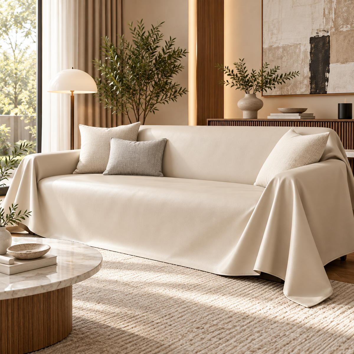 A cream-colored slipcover on a three-seater sofa in a modern, sunlit living room. The cover is draped over the couch with decorative throw pillows, set against a warm-toned interior with a marble coffee table, plants, and a textured rug.
