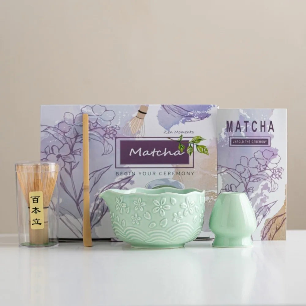 Matcha set – 7-piece starter kit – Embossed ceramic bowl – Luxury gift box for tea lovers