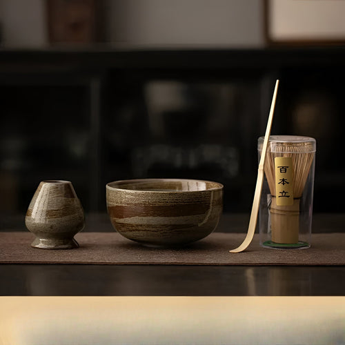 Japanese Matcha Tea Set – 4-Piece Traditional Kit with Ceramic Bowl, Bamboo Whisk & Scoop
