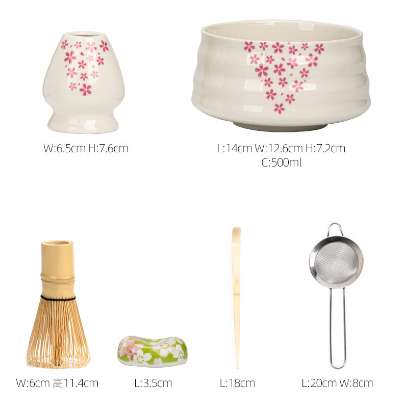 Premium 8-Piece Matcha Tea Set with Ceramic Bowl, Bamboo Whisk, Frother, and Sakura Design for Authentic Ceremonies