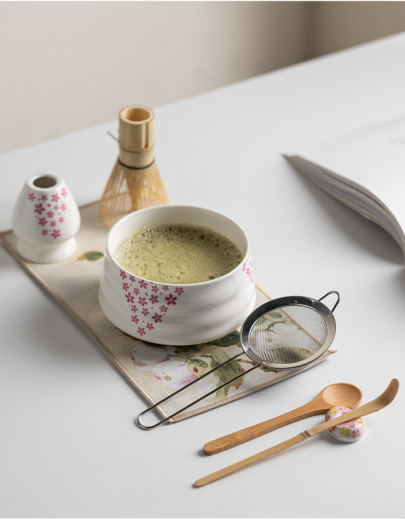 Premium 8-Piece Matcha Tea Set with Ceramic Bowl, Bamboo Whisk, Frother, and Sakura Design for Authentic Ceremonies