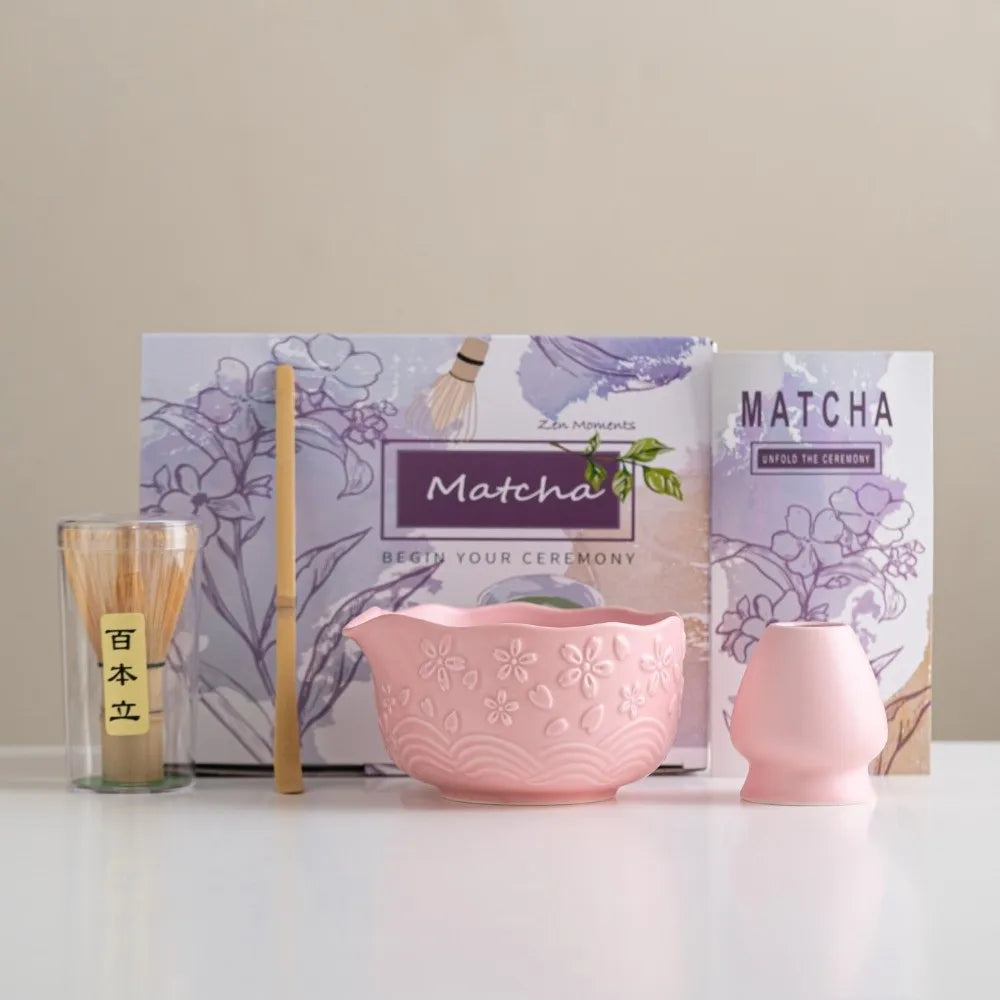 Matcha set – 7-piece starter kit – Embossed ceramic bowl – Luxury gift box for tea lovers