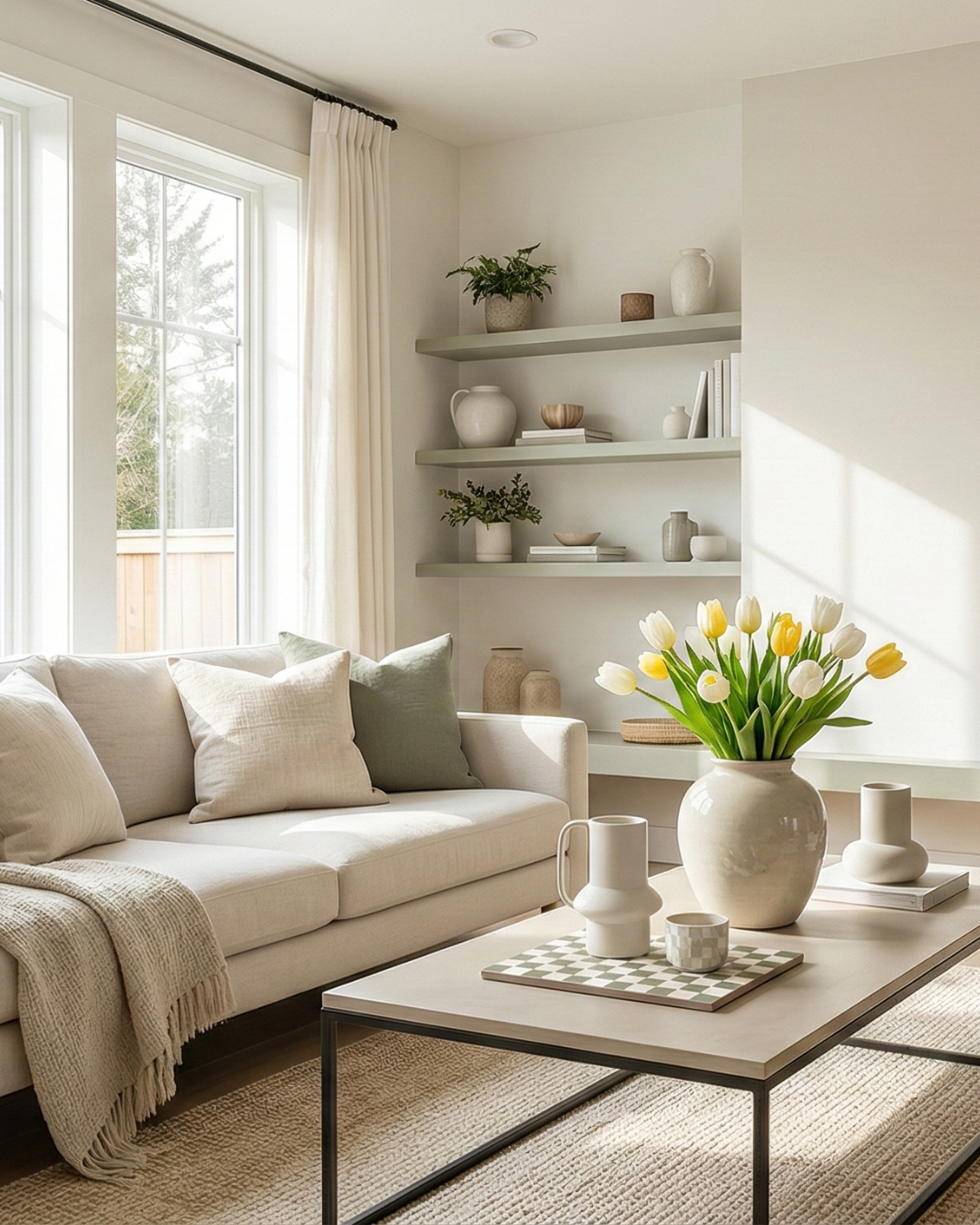 Modern living room with a sofa, and decorative items.